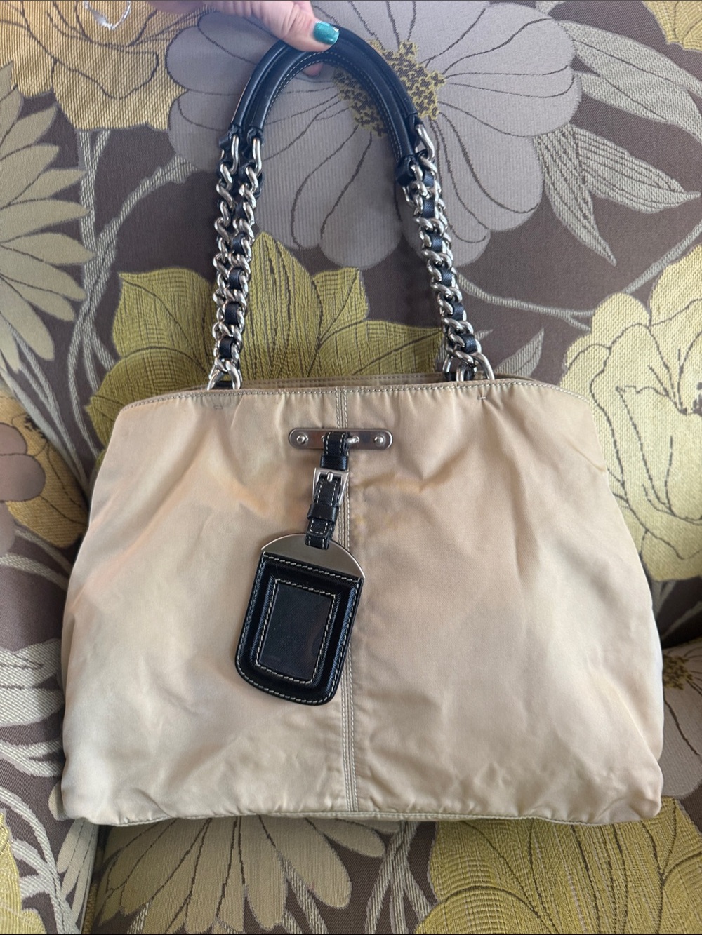 Prada Beige Shoulder Bag with Black Leather Trim and Chain Handles